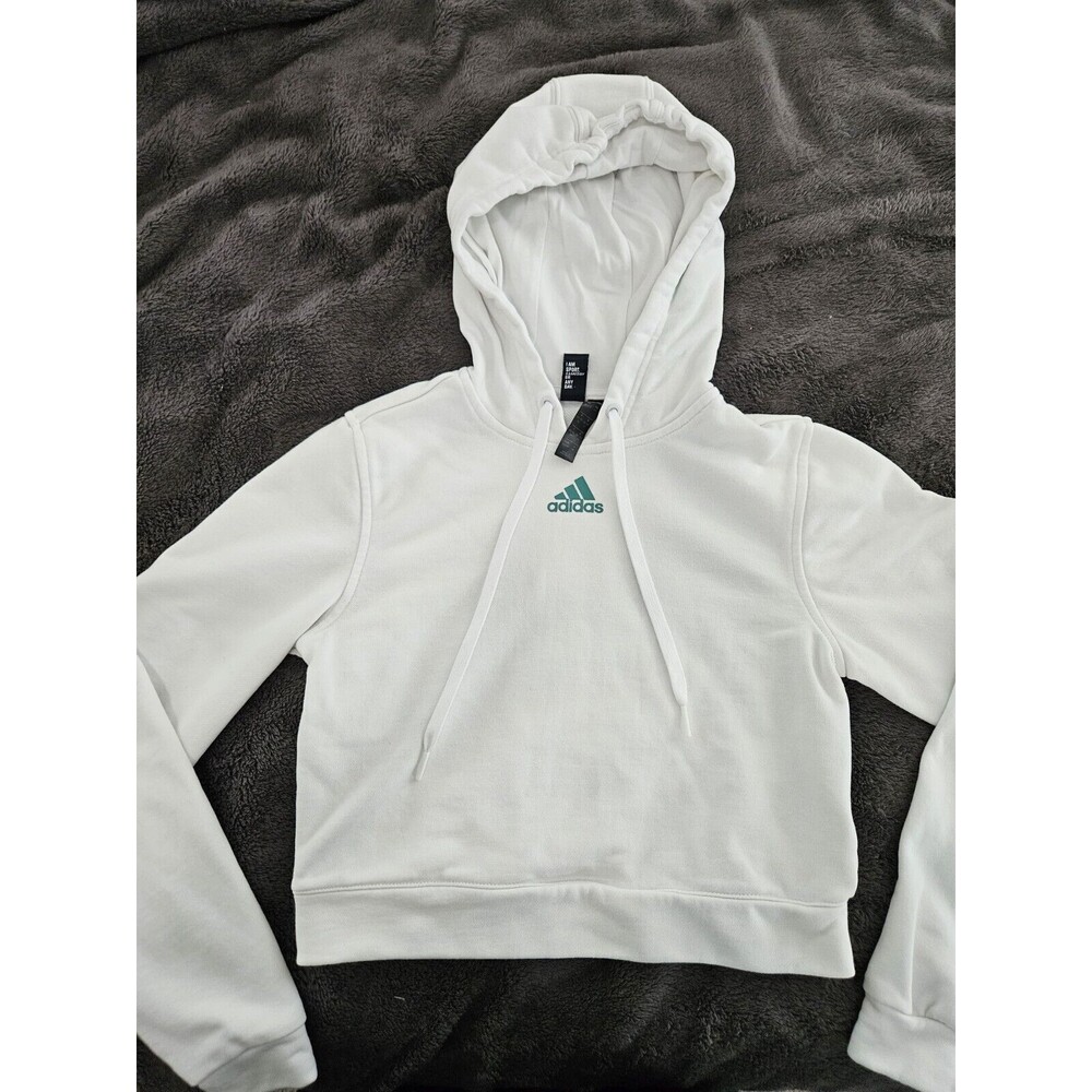 Adidas Juniors Cropped Hoodie XS White With Aqua. Couple Tiny flaws (Pictured)